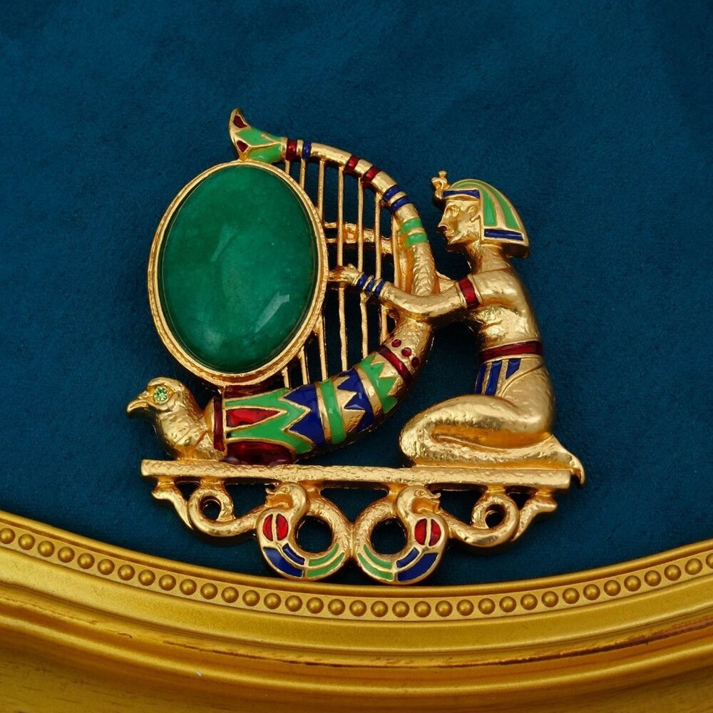 💎 LUXE ANCIENT EGYPTIAN Style Pin - Pharaoh, Harp & Bird Design - Statement!